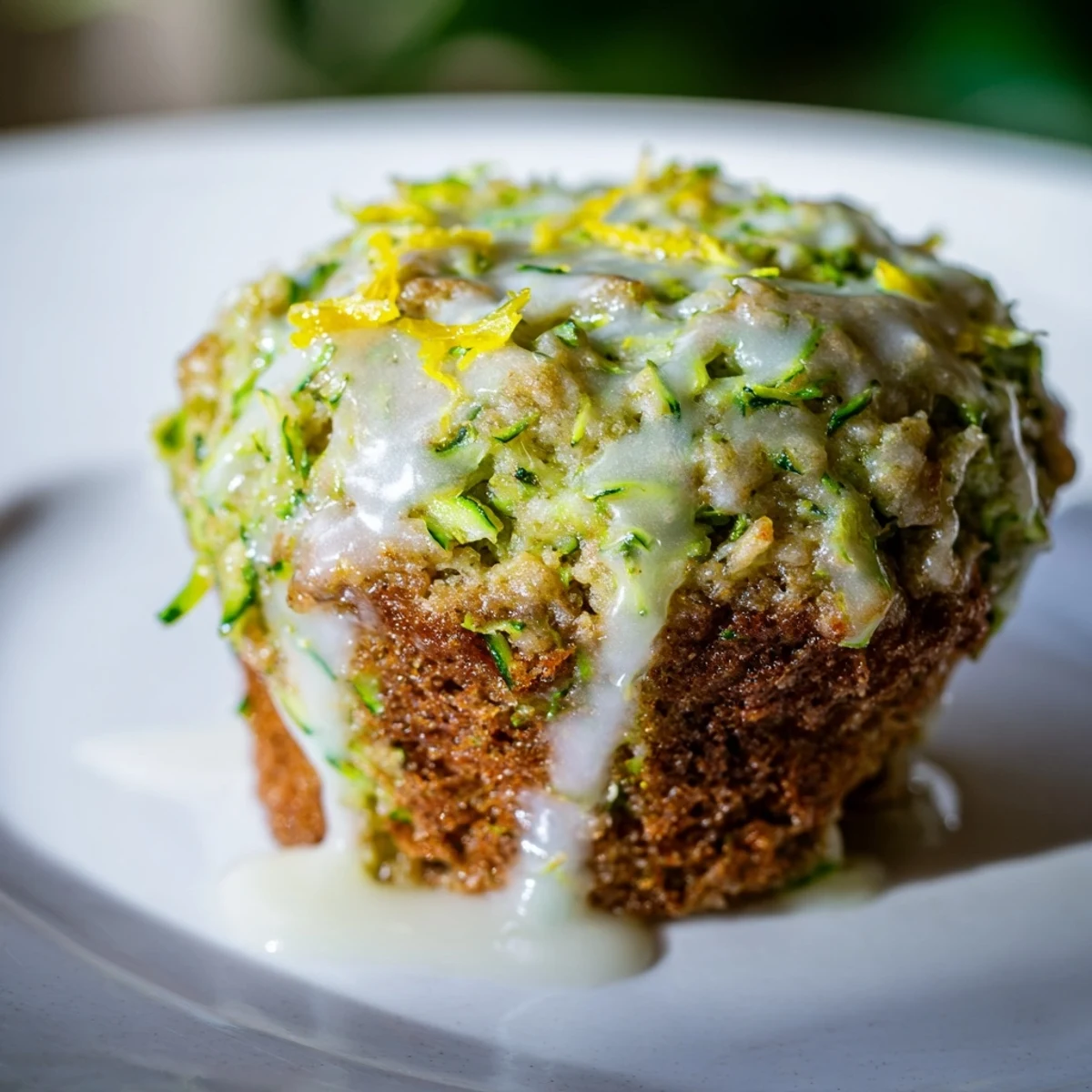 Freshly baked Green Zucchini Muffins with Lemon Glaze cooling on a wire rack, showcasing moist crumbs and a sweet citrus drizzle.