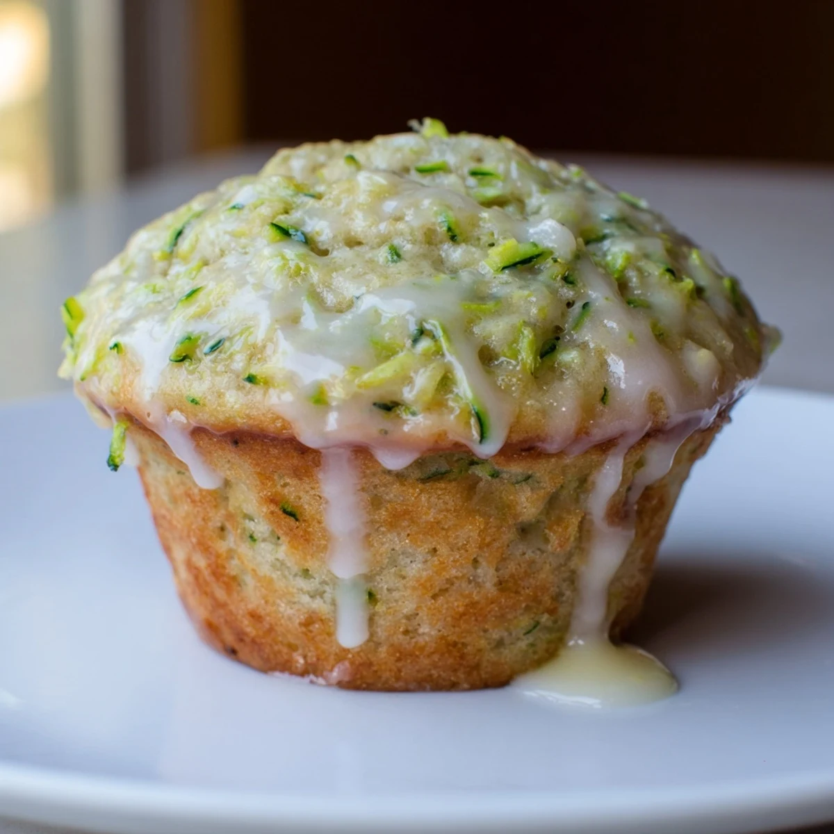 Golden-brown Green Zucchini Muffins with Lemon Glaze topped with zest, perfect for breakfast alongside a steaming hot cup of coffee.