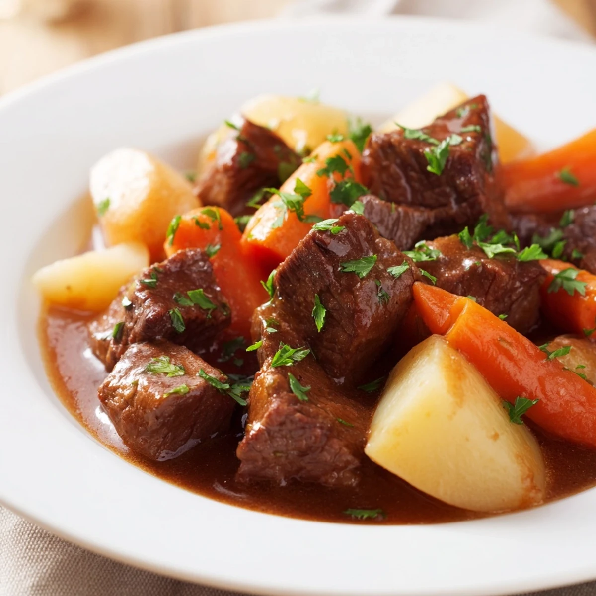 Close-up of a hearty Irish Beef Stew with Root Vegetables bubbling in a Dutch oven, showing tender beef chunks and colorful carrots, parsnips, and potatoes in a rich brown broth.