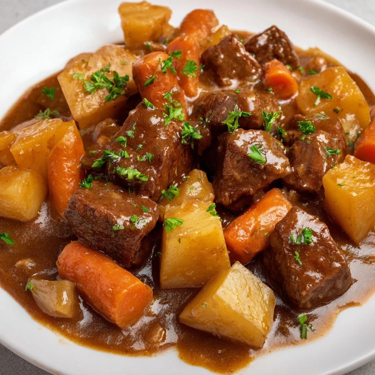 Overhead view of a Dutch oven filled with Irish Beef Stew with Root Vegetables, featuring chunks of turnip, celery, and carrots in a thick, savory gravy.