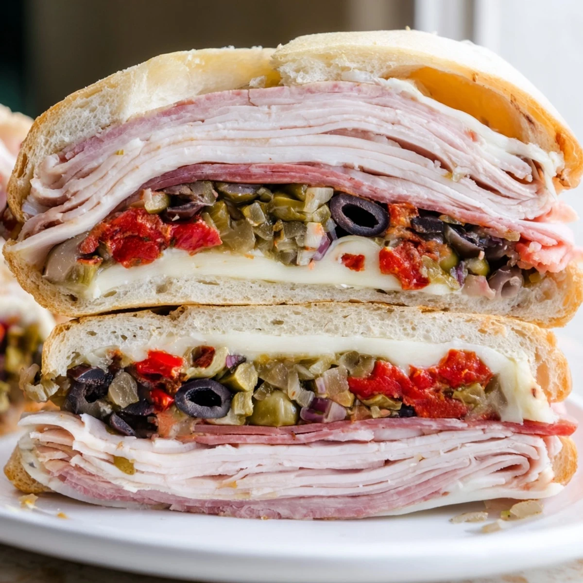 Freshly assembled New Orleans muffuletta sandwich stacked high with halal deli meats, melty provolone, and vibrant olive salad on a crusty round Italian loaf.  