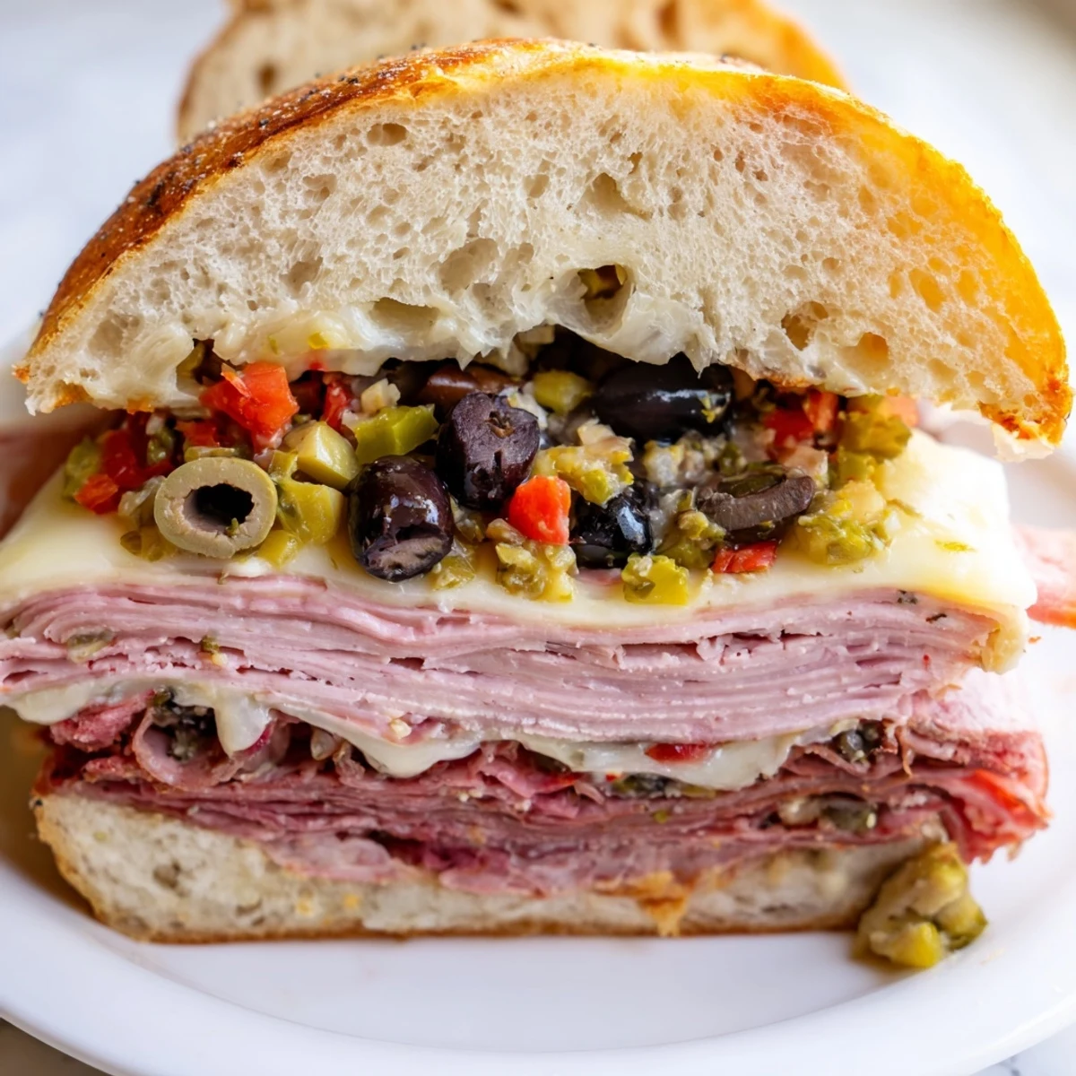 Ready to serve, this hearty New Orleans muffuletta sandwich features briny olives, roasted peppers, and halal cold cuts on freshly sliced Italian bread.