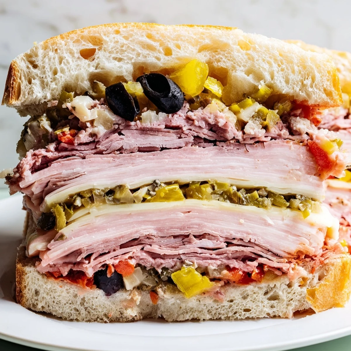 Perfectly sliced wedges of a classic New Orleans muffuletta sandwich reveal layers of savory meats, tangy olive salad, and gooey cheese inside.  