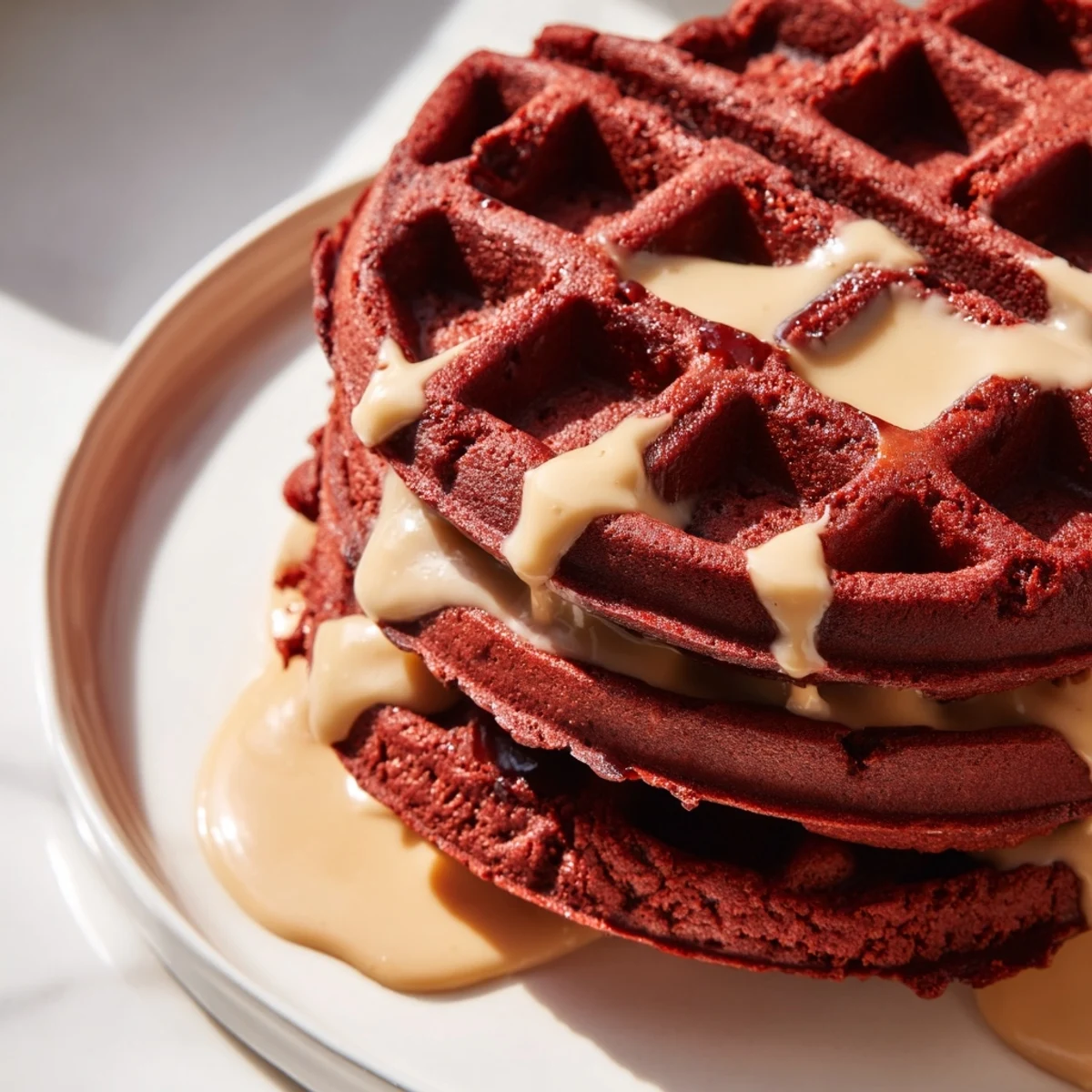 Fluffy Red Velvet Waffles with cream cheese syrup drizzled over golden crisp edges on a white plate.