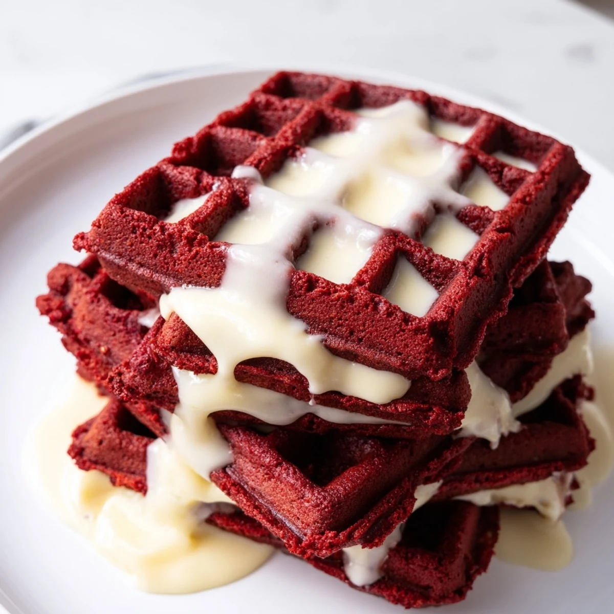 Stack of warm Red Velvet Waffles topped with sweet cream cheese syrup and fresh strawberries.