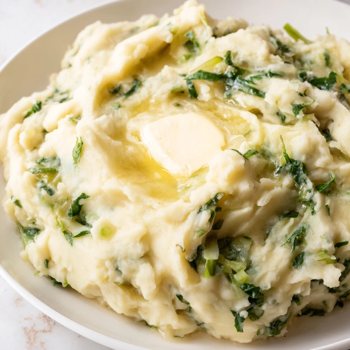 Creamy St. Patricks Day Colcannon Mashed Potatoes with sautéed cabbage and scallions, served warm with melting butter.