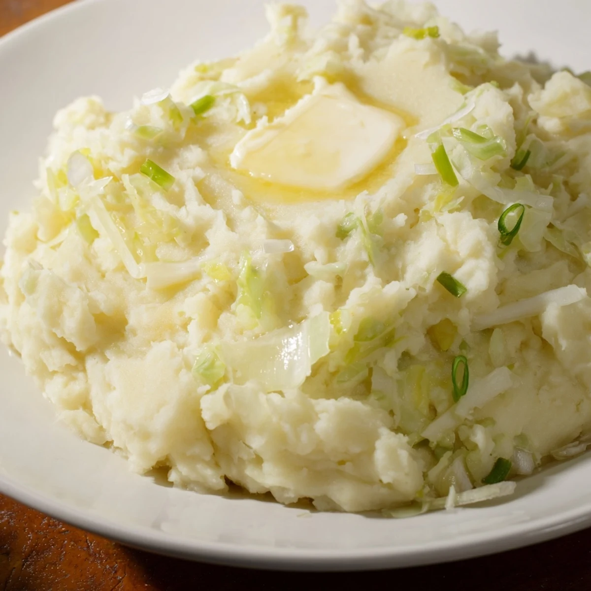 Golden mashed potatoes for St. Patricks Day, folded with soft green cabbage and fresh scallions, ready to serve.