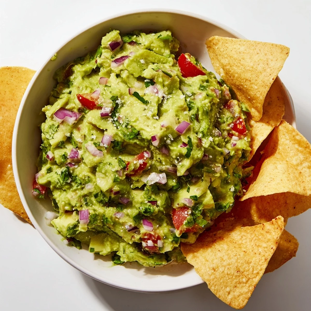 Homemade chips surround a bowl of Big Game Guacamole, packed with fresh avocado, red onion, and cilantro for game day.
