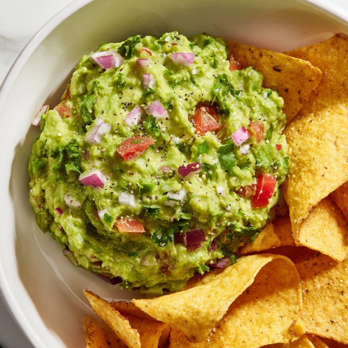 A close-up of Big Game Guacamole shows creamy avocado chunks, diced tomato, and lime juice, served with warm homemade chips.