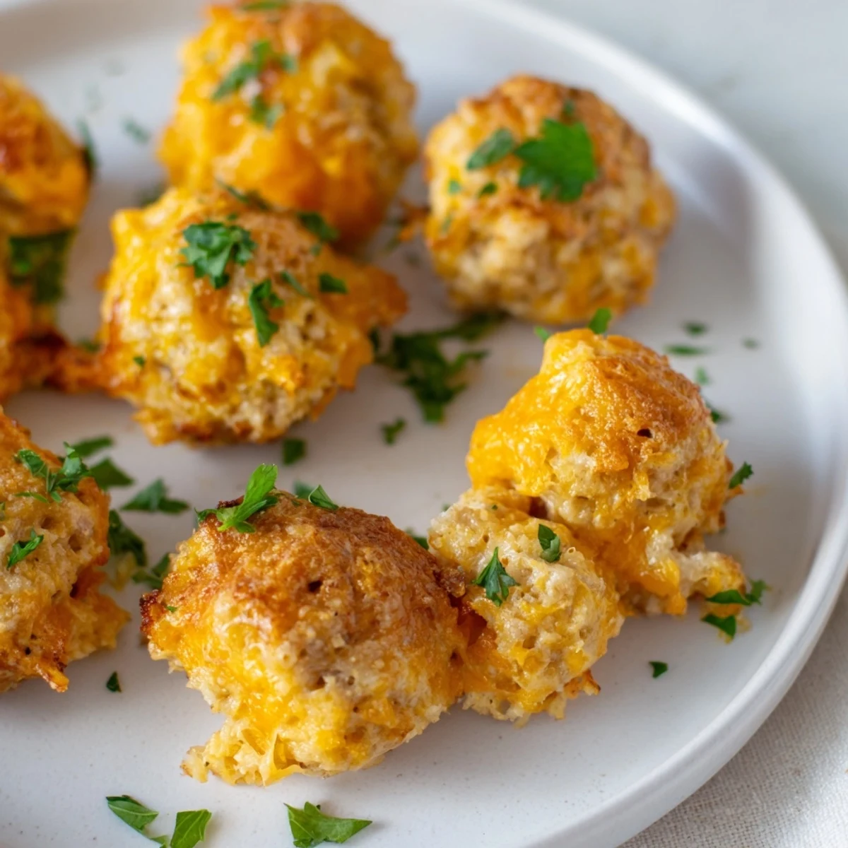 A close-up of warm Tailgate Sausage and Cheese Balls showcases a crispy, golden crust and melty cheddar cheese, perfect for a party appetizer.