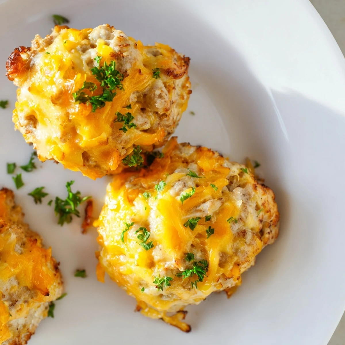 Freshly baked Tailgate Sausage and Cheese Balls are served on a wooden board next to a small bowl of smoky BBQ dipping sauce.