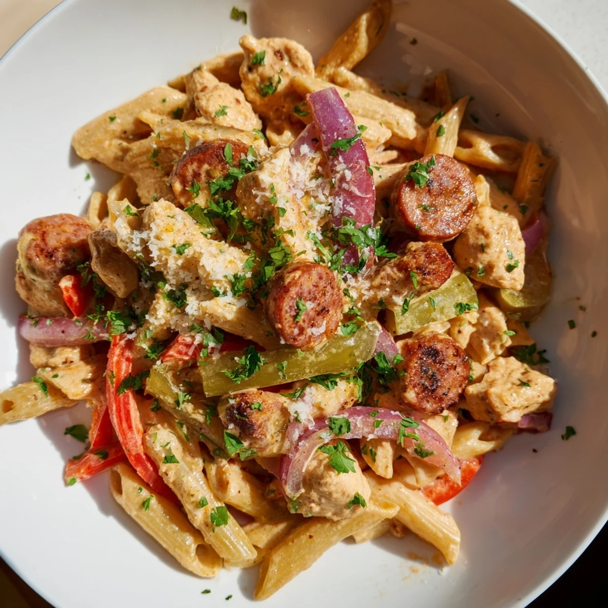 Penne pasta tossed in a spicy Cajun cream sauce with bell peppers and chicken, perfect for a hearty weeknight dinner.