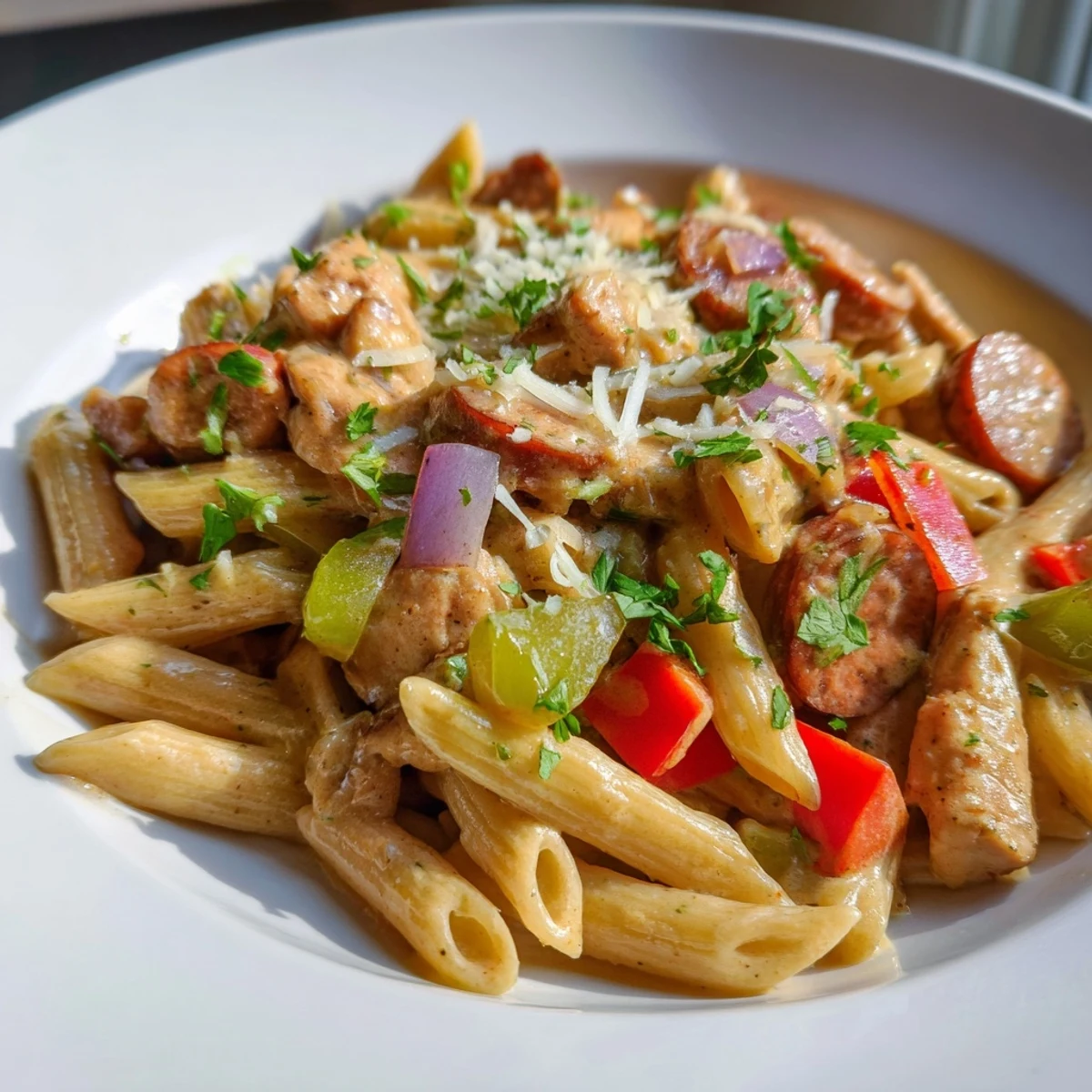 Creamy Spicy Jambalaya Pasta with Chicken and smoked sausage on a white plate, garnished with parsley.