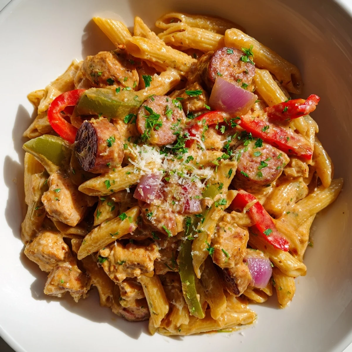 Close-up of a flavorful bowl of Spicy Jambalaya Pasta with Chicken, showing rich sauce and grated Parmesan garnish.