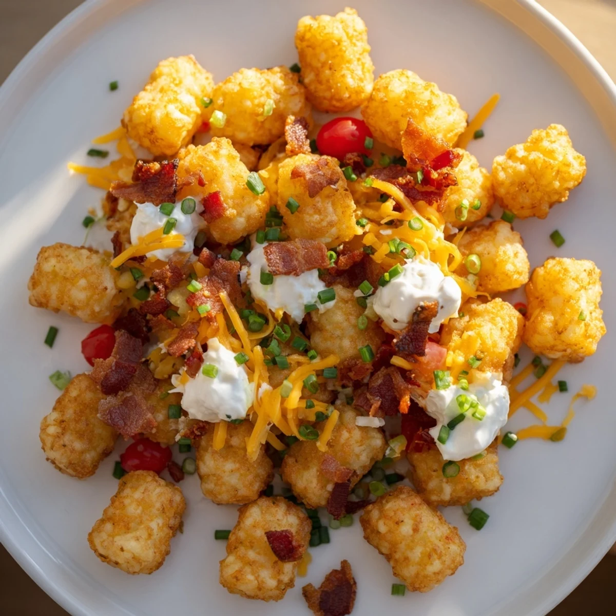 Crispy golden Loaded Tater Tots with Cheese and Beef Bacon, baked and topped with melted cheddar, sour cream, and chives.