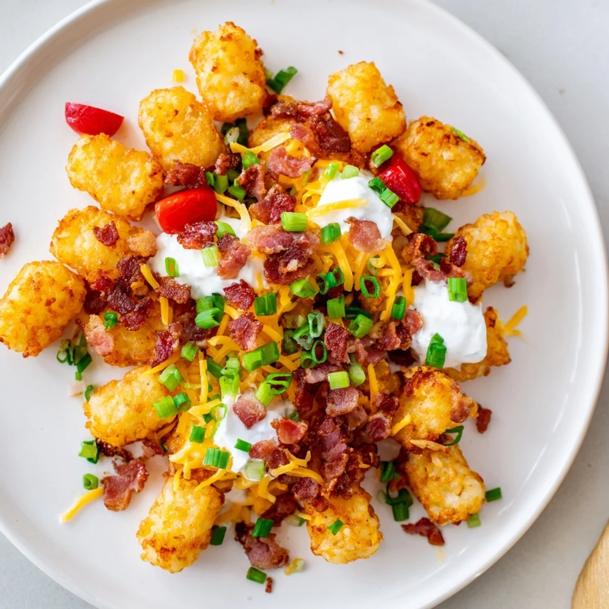 Loaded Tater Tots with Cheese and Beef Bacon arranged on a platter, golden tots topped with beef bacon, sour cream, and spring onions.