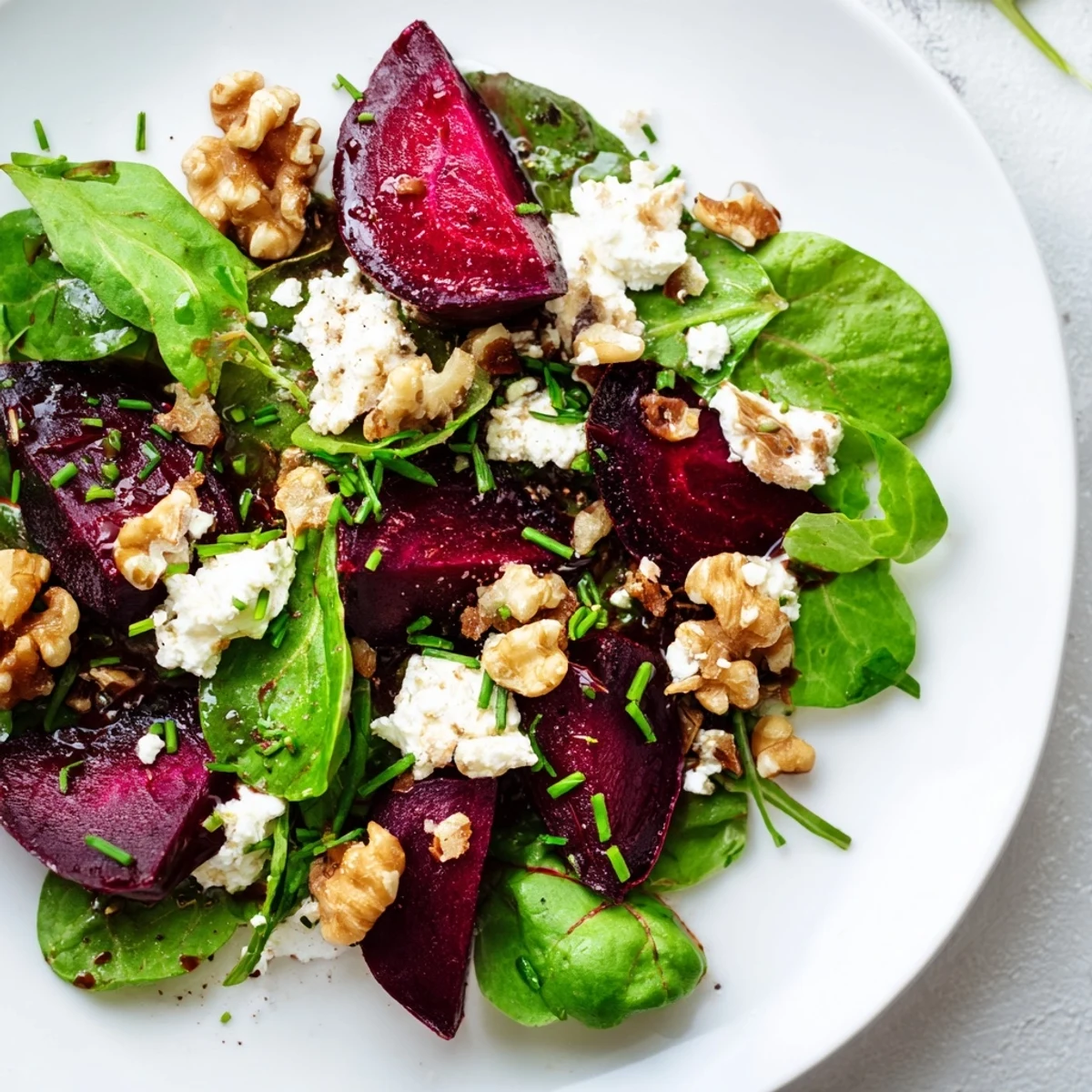 Roasted Beet and Goat Cheese Salad on a platter with vibrant red beets and creamy white cheese crumbles.