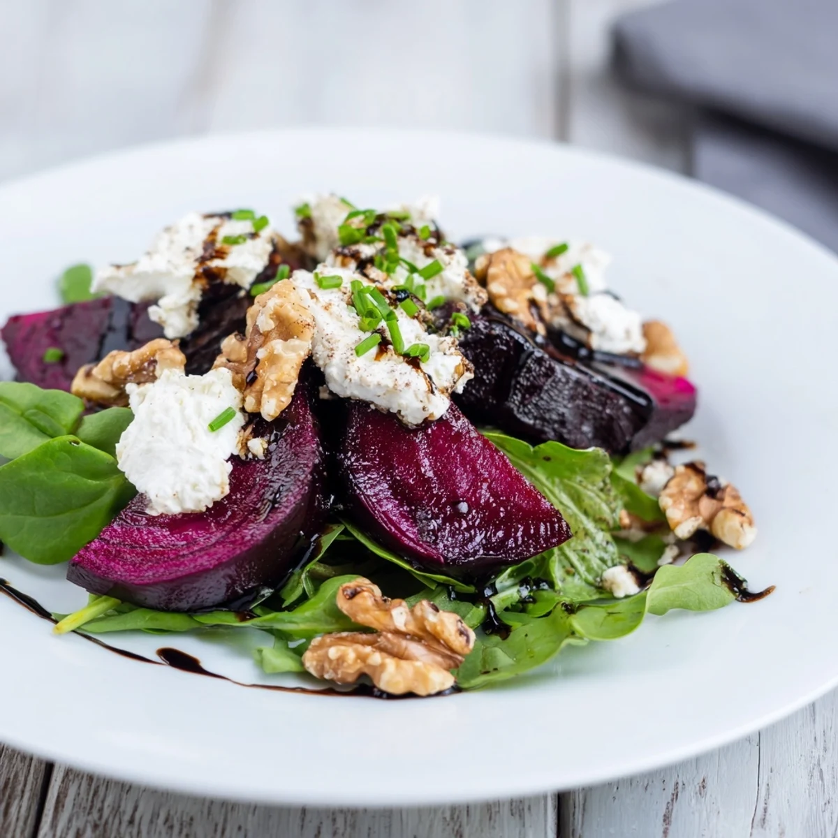 A plated Roasted Beet and Goat Cheese Salad with dark greens and golden toasted walnuts on the side.