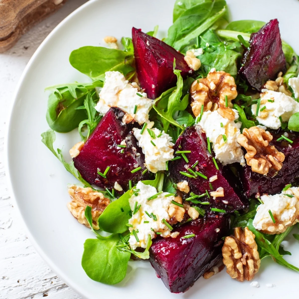 Close-up of sliced Roasted Beet and Goat Cheese Salad, drizzled with balsamic vinaigrette and garnished with fresh chives.