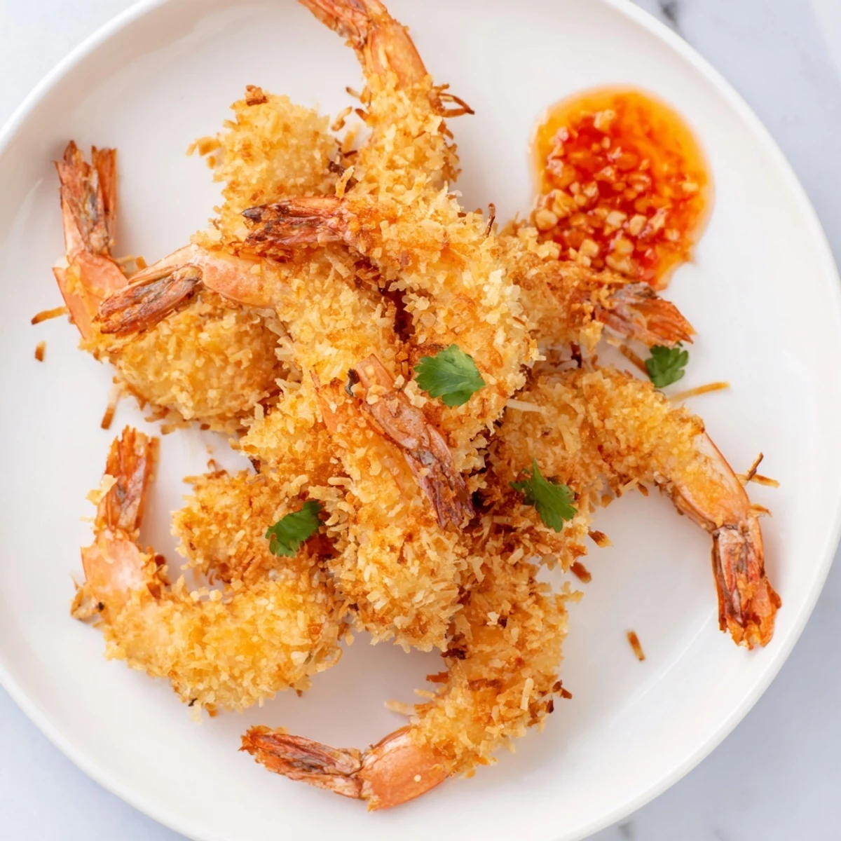 Crispy Coconut Shrimp arranged on a platter with sweet chili sauce for dipping, perfect for parties.