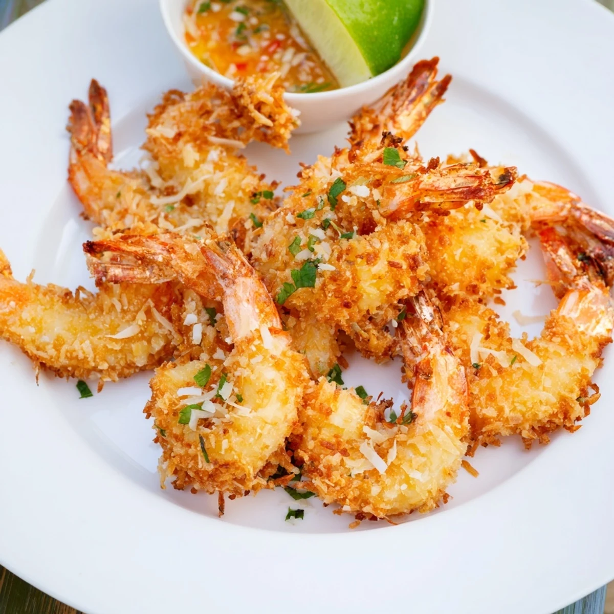 Fresh cilantro and lime garnish these golden fried shrimp, highlighting a tangy dipping sauce.