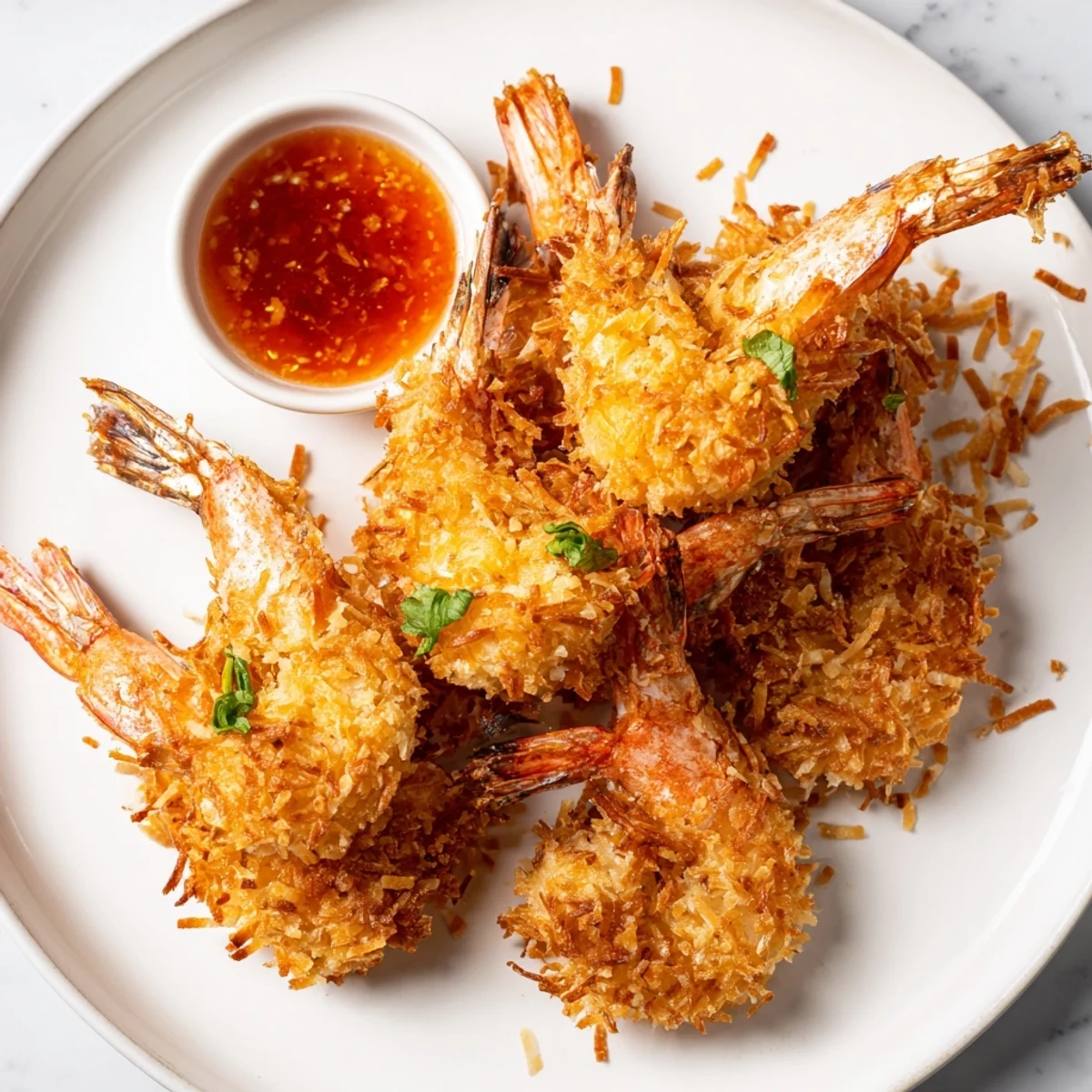 Sizzling Crispy Coconut Shrimp just fried, piled high on a plate with a drizzle of sauce.