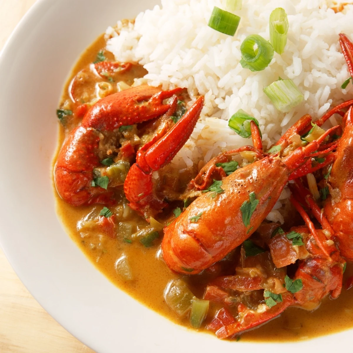 A spoonful of rich crawfish étouffée over fluffy white rice with crusty bread on the side.
