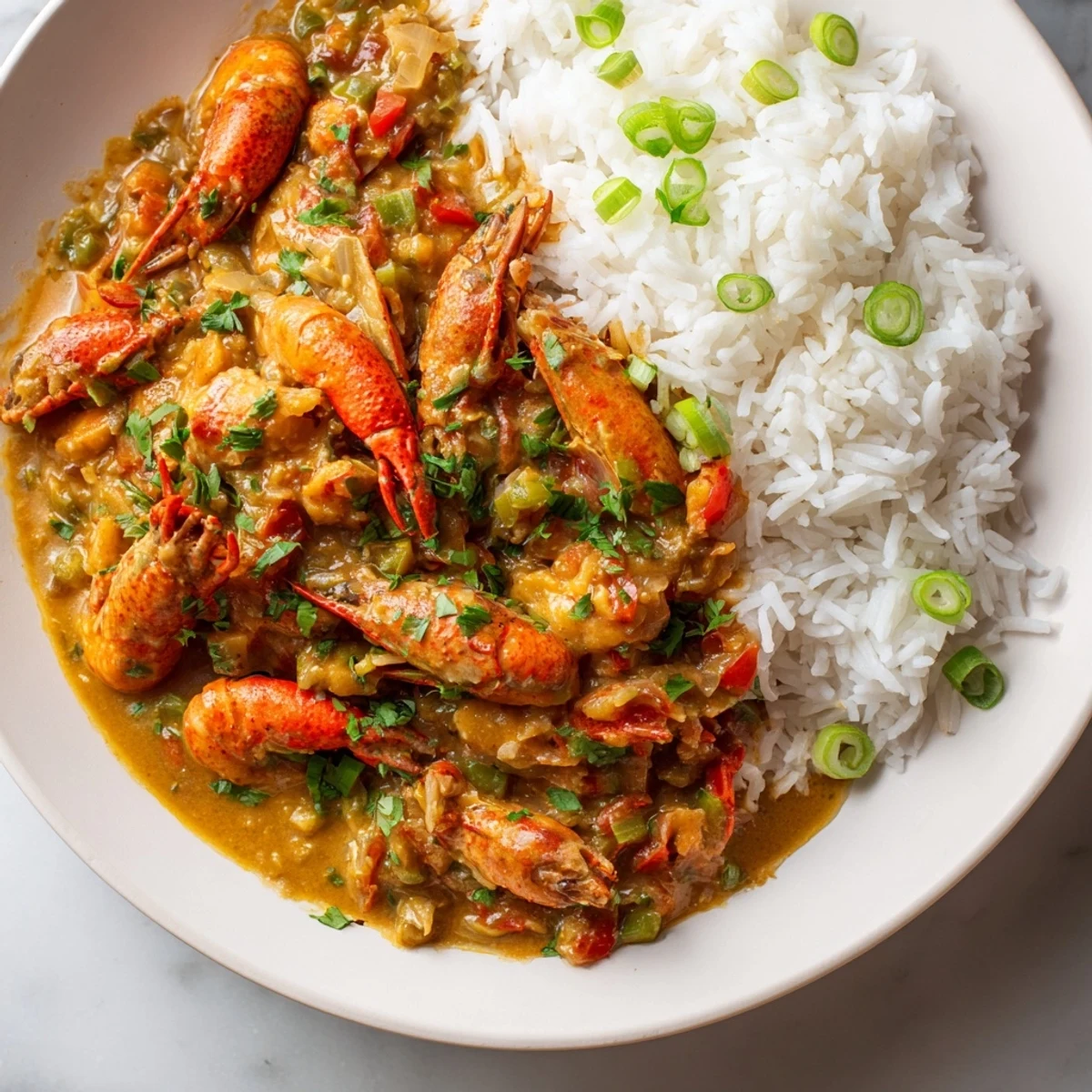 Stewed crawfish étouffée in a rustic bowl with fluffy steamed rice and lemon wedges nearby.