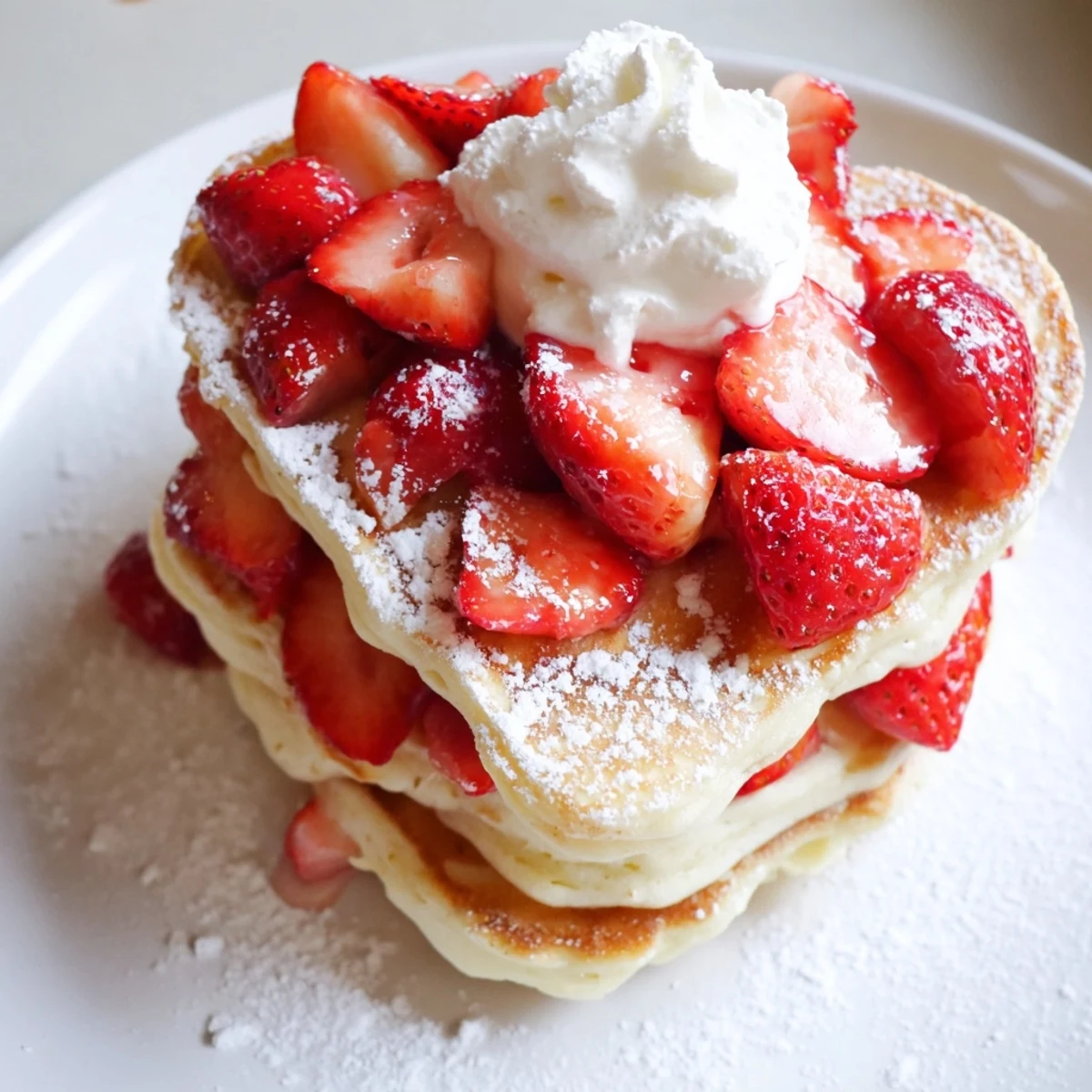 Golden-brown heart-shaped Valentine Breakfast Pancakes stacked high, topped with fresh sliced strawberries and a cloud of whipped cream.