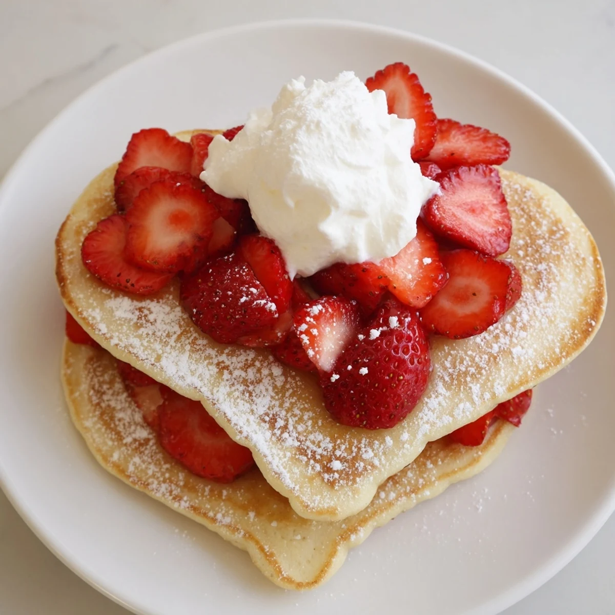 A single fluffy heart pancake on a white plate, drizzled with syrup and crowned with sweet Valentine Breakfast Pancakes toppings.