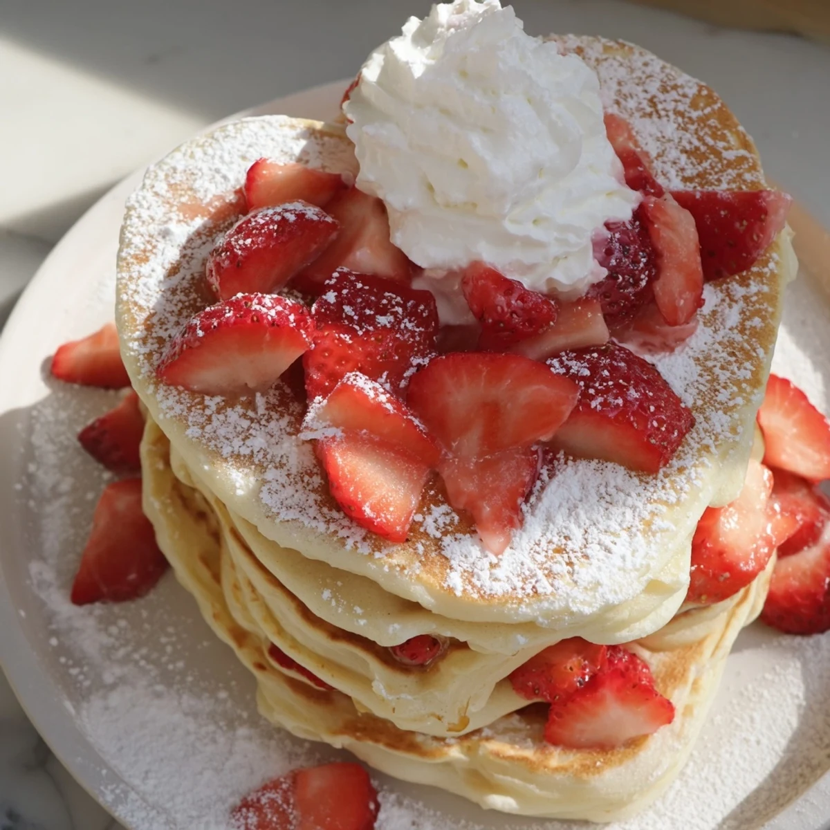 Steamy Valentine Breakfast Pancakes with strawberries and maple syrup on a rustic table, ready for a romantic morning.