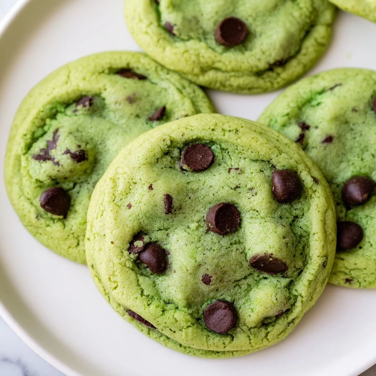 A close-up view shows soft, chewy Mint Chocolate Chip Cookies loaded with chocolate chips and vibrant green coloring.