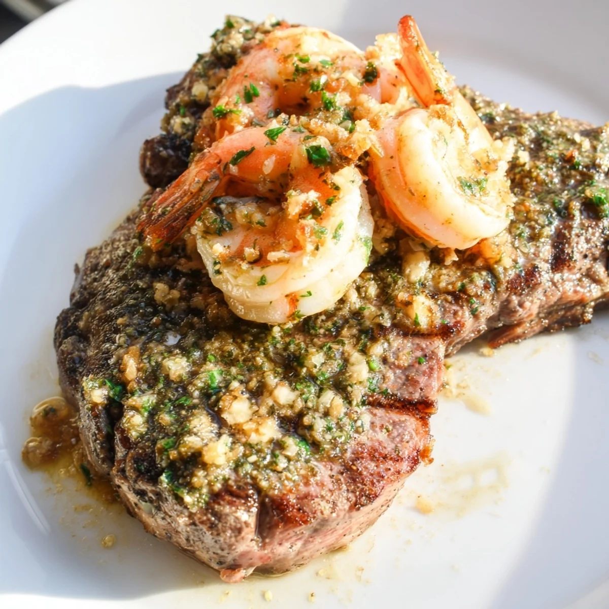 Juicy filet mignon steak topped with garlic butter shrimp, fresh parsley, and lemon wedges on a white plate.