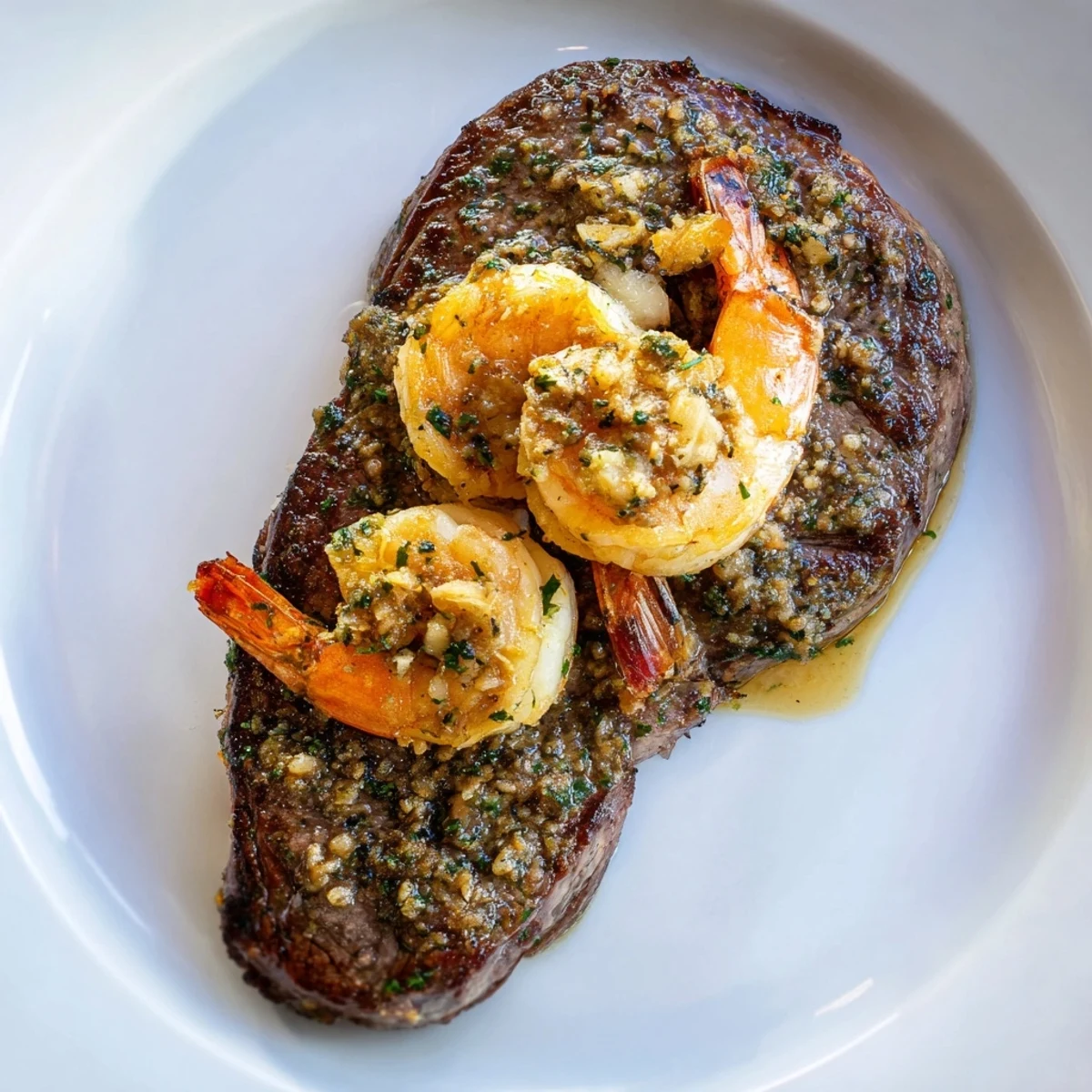 Perfect Romantic Surf and Turf Steak and Shrimp served alongside roasted asparagus spears for a date night dinner.
