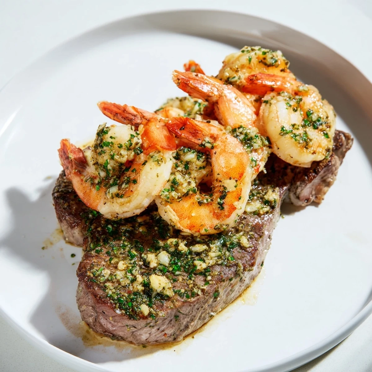 Seared steak and succulent shrimp in garlic butter sauce, plated with lemon wedges and fresh herbs, ready to serve.