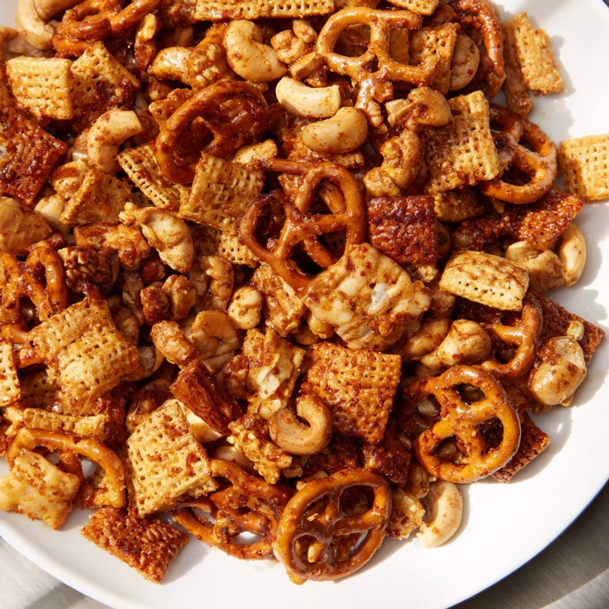 Golden brown Super Bowl Snack Mix with nuts and pretzels glistening with buttery seasoning, ready for game day.