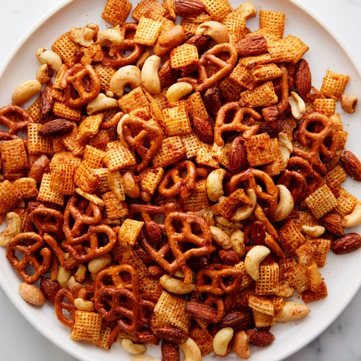 Freshly baked Super Bowl Snack Mix with pretzels and nuts in a rustic bowl, spiced aromas rising.