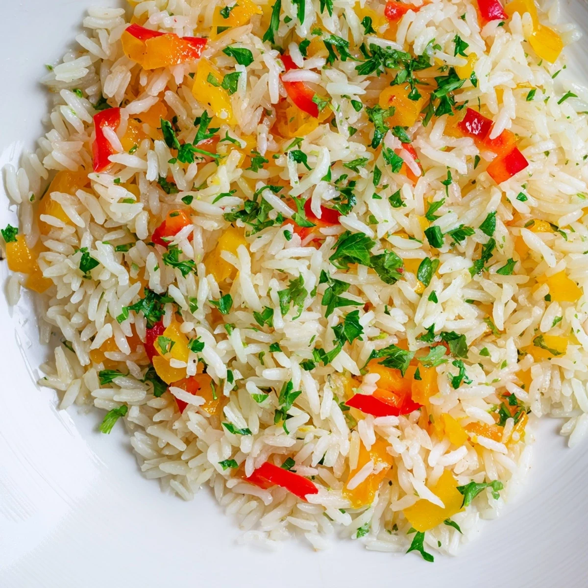 Colorful rice pilaf with peppers and onions served as a vegetarian side dish with herbs.  