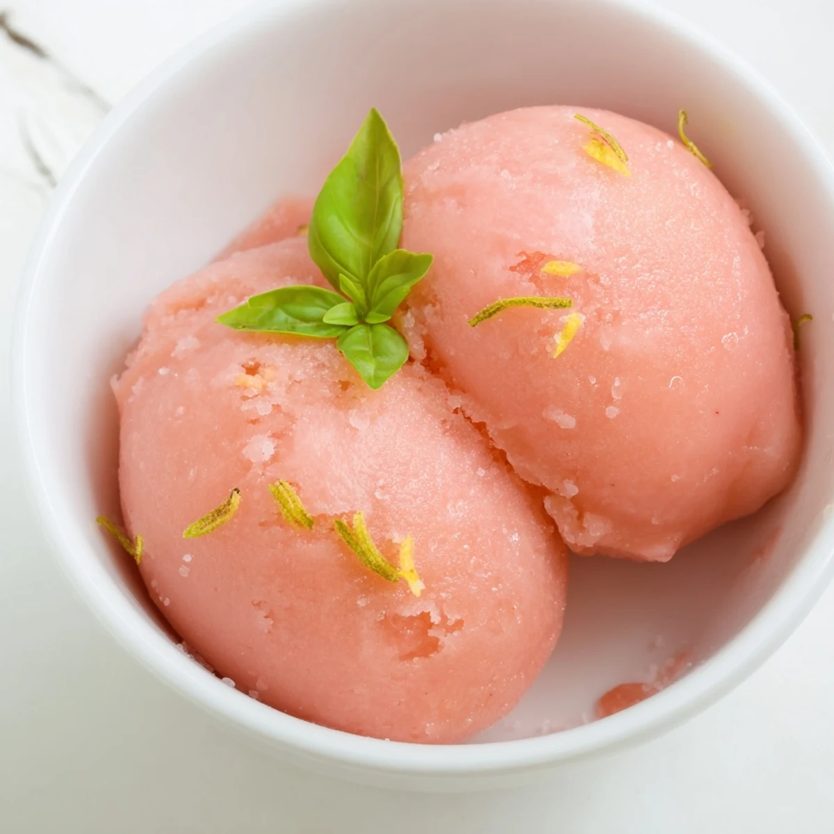 A chilled glass bowl displays vibrant Pink Grapefruit Sorbet with Basil beside fresh grapefruit segments.  