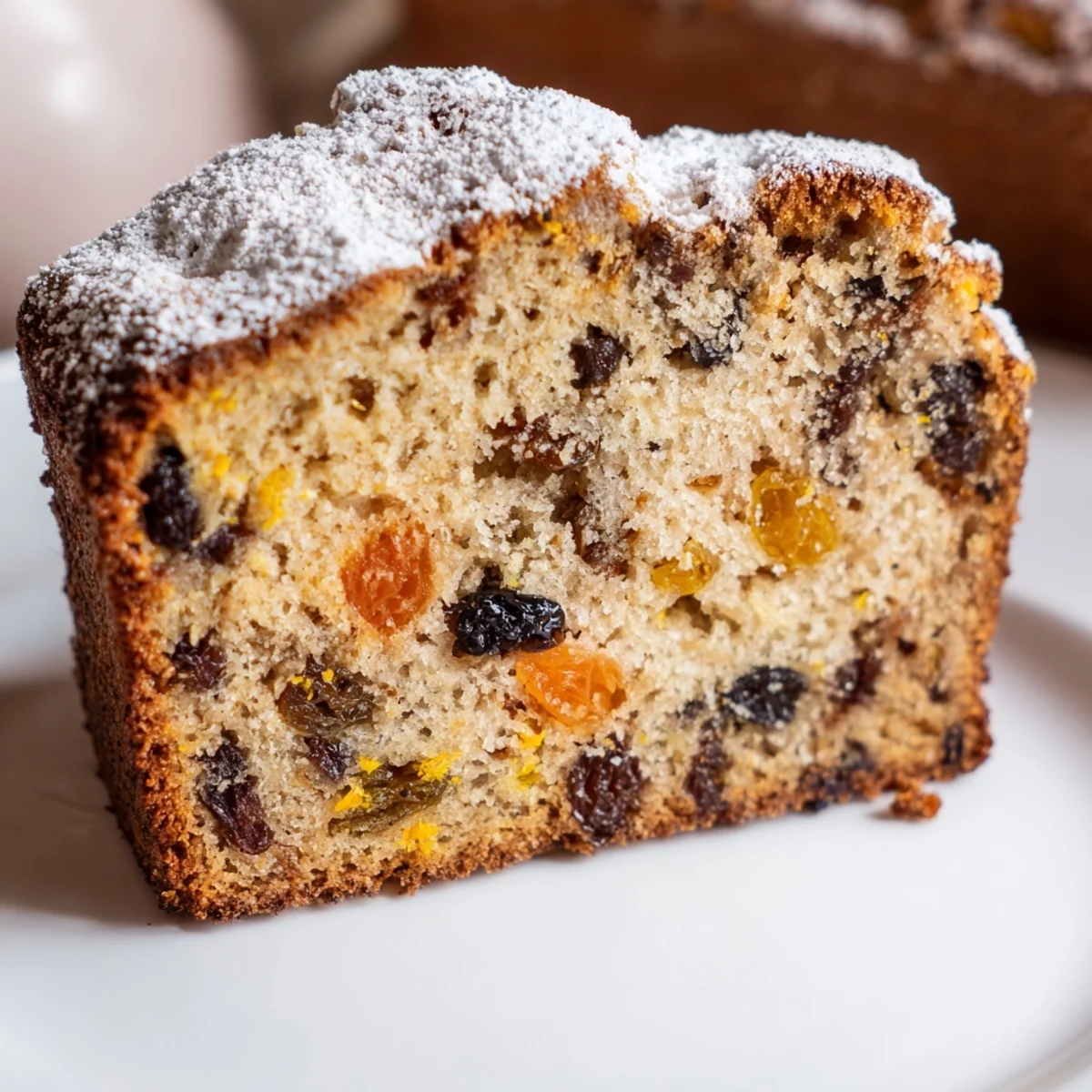 Slices of Irish Tea Cake with Dried Fruit, dusted with powdered sugar and served with butter on a rustic plate.