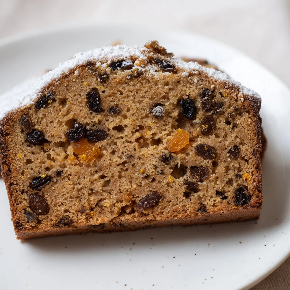 A slice of Irish Tea Cake with Dried Fruit beside a steaming cup of tea, perfect for an afternoon snack.