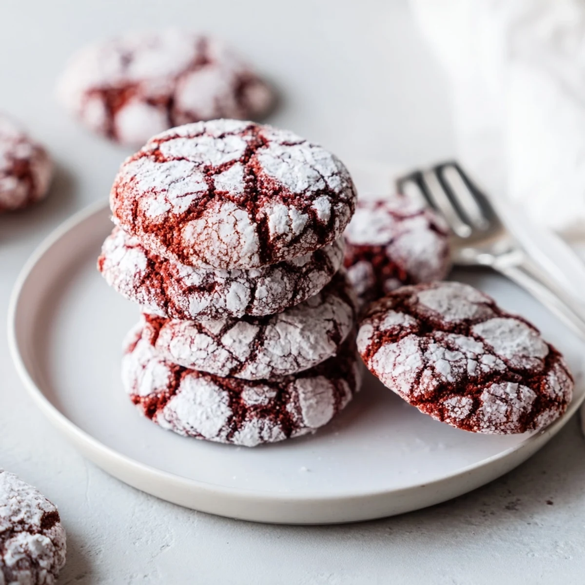 Four stacked Red Velvet Crinkle Cookies display a crinkled powdered sugar coating and a soft, chewy red crumb, ready to serve.