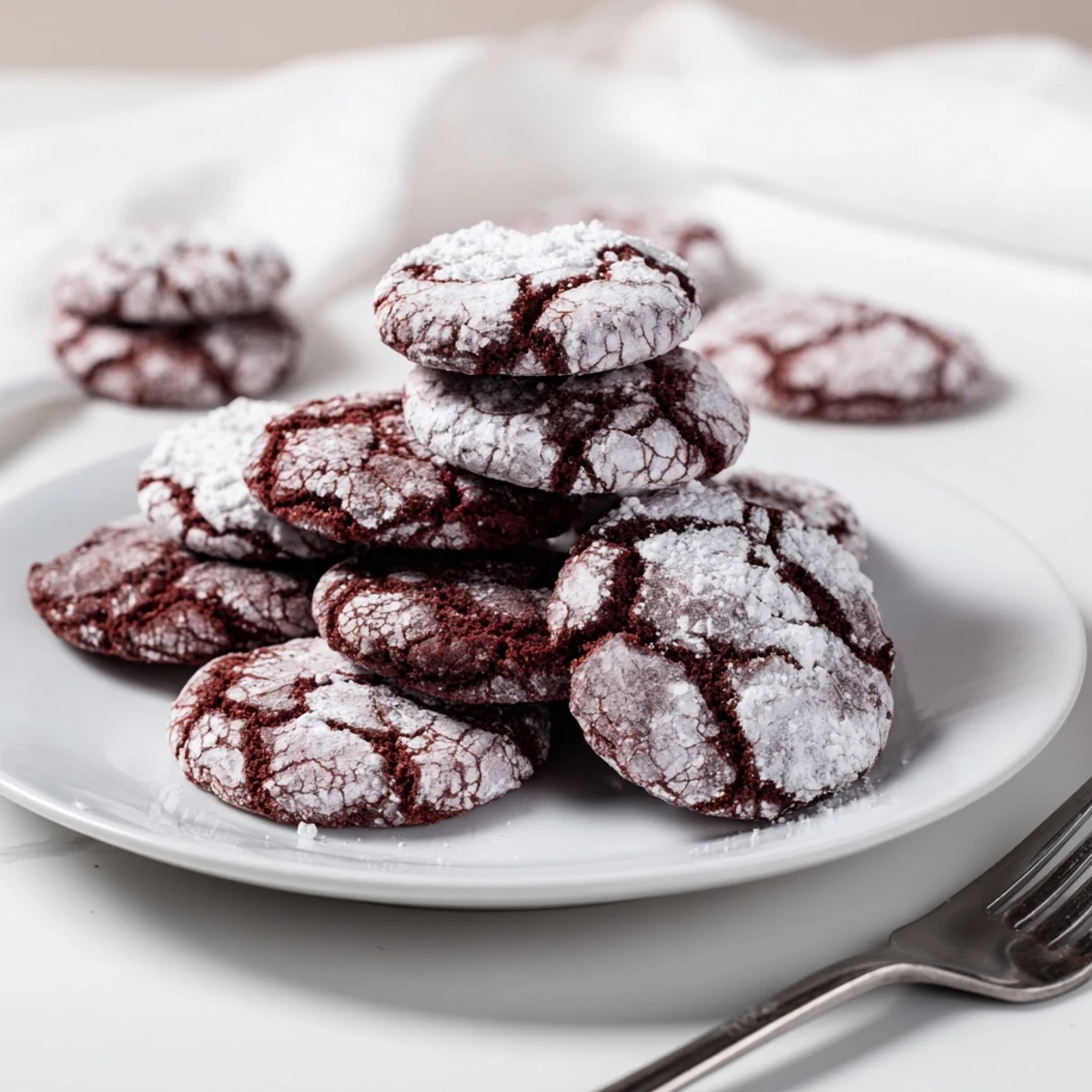 Close-up of Red Velvet Crinkle Cookies showing sugar-cracked tops and rich cocoa red interior, perfect for Christmas cookie trays.