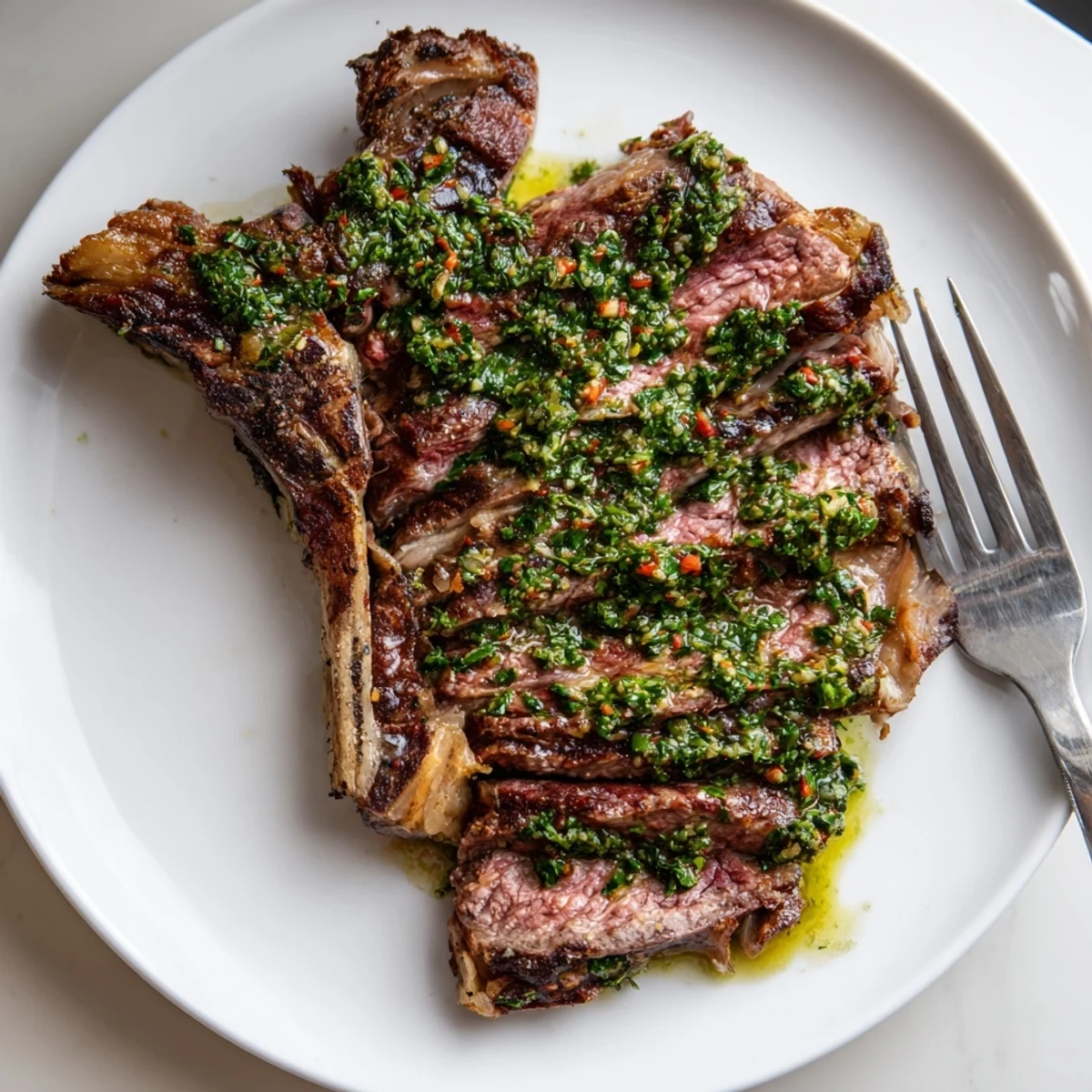 Sizzling pan seared steak rests on a cutting board, topped with fresh chimichurri and ready to serve.