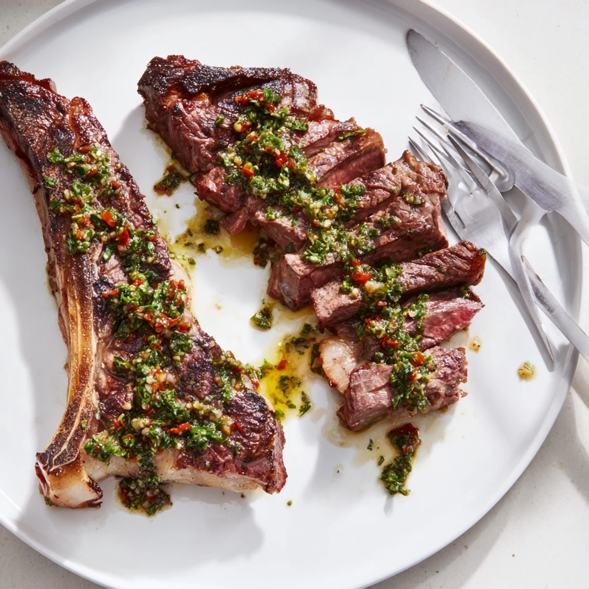 A close-up of pan seared steak sliced against the grain, drizzled with vibrant green chimichurri sauce.