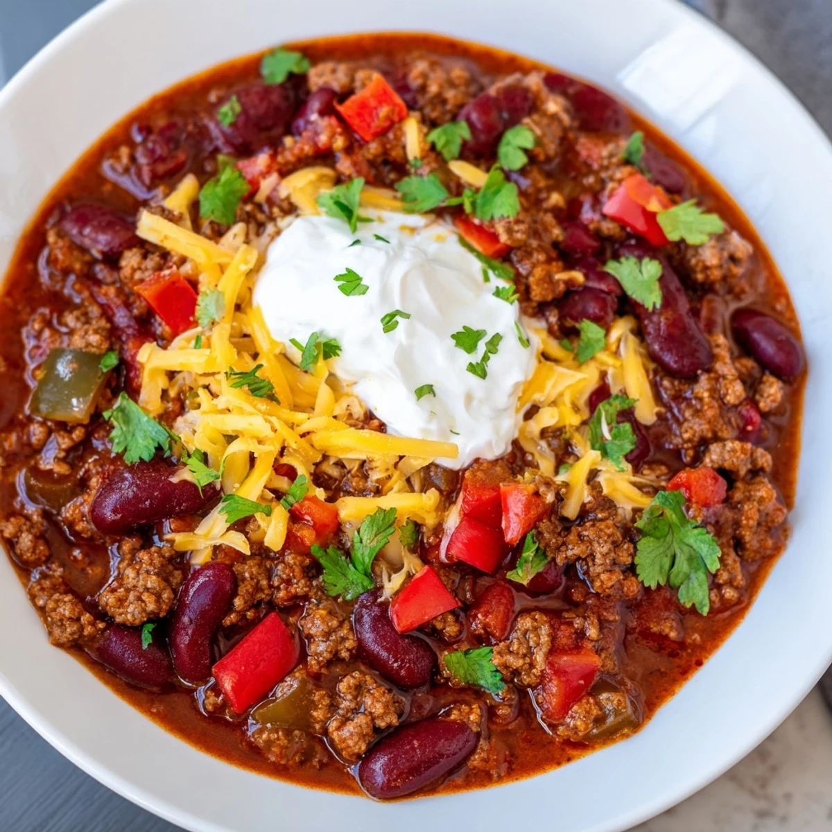 Ground beef and kidney beans simmered in a rich tomato base, perfect for a cozy, hearty dinner.