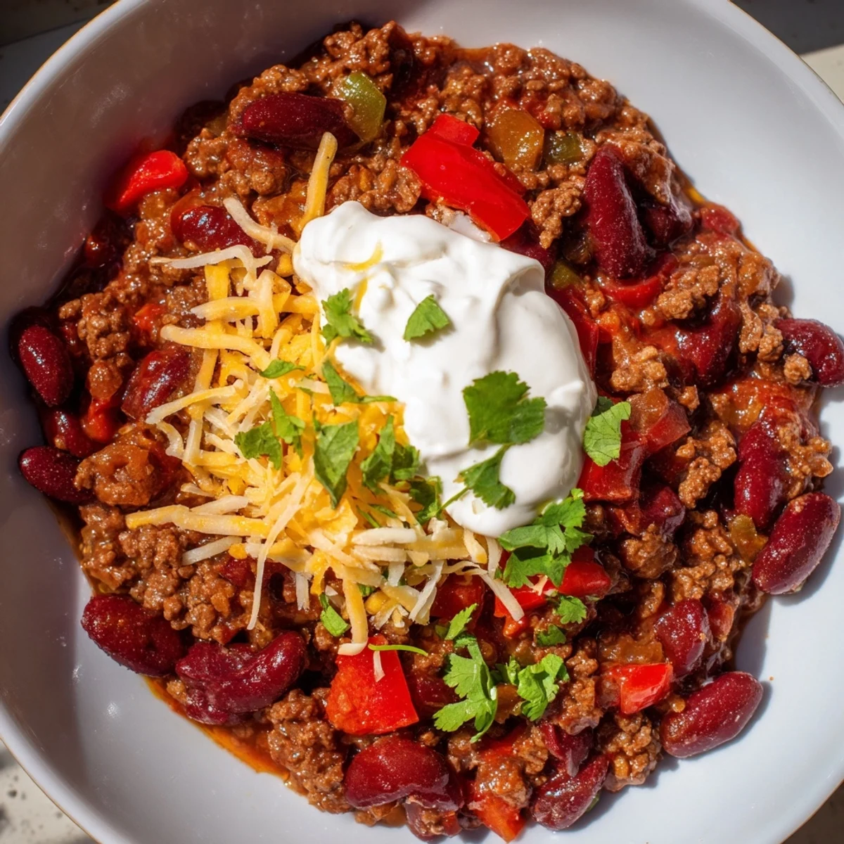 Spicy Beef Chili with Kidney Beans served in a rustic bowl with melted cheese and green onions.