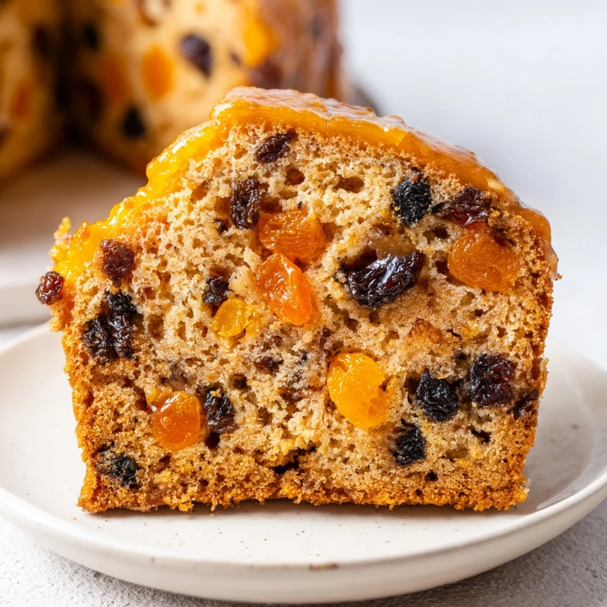 Freshly baked Irish Tea Cake with dried fruit and spices, sliced to show moist crumb and glossy orange glaze.