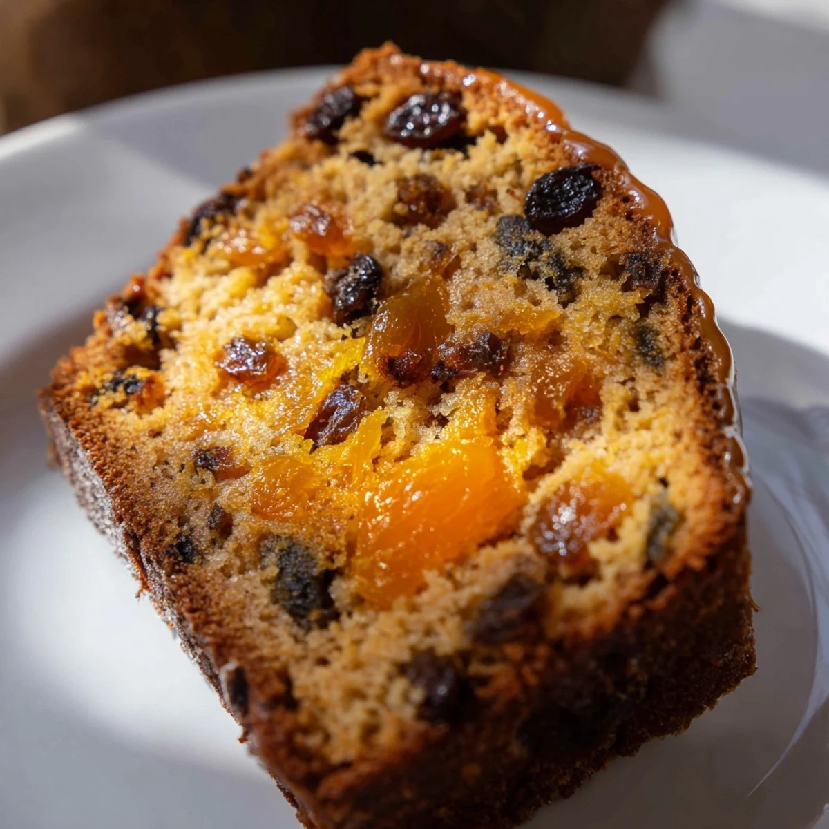 Golden Irish Tea Cake with dried fruit and spices on a rustic plate, hinting at fragrant cinnamon and nutmeg.