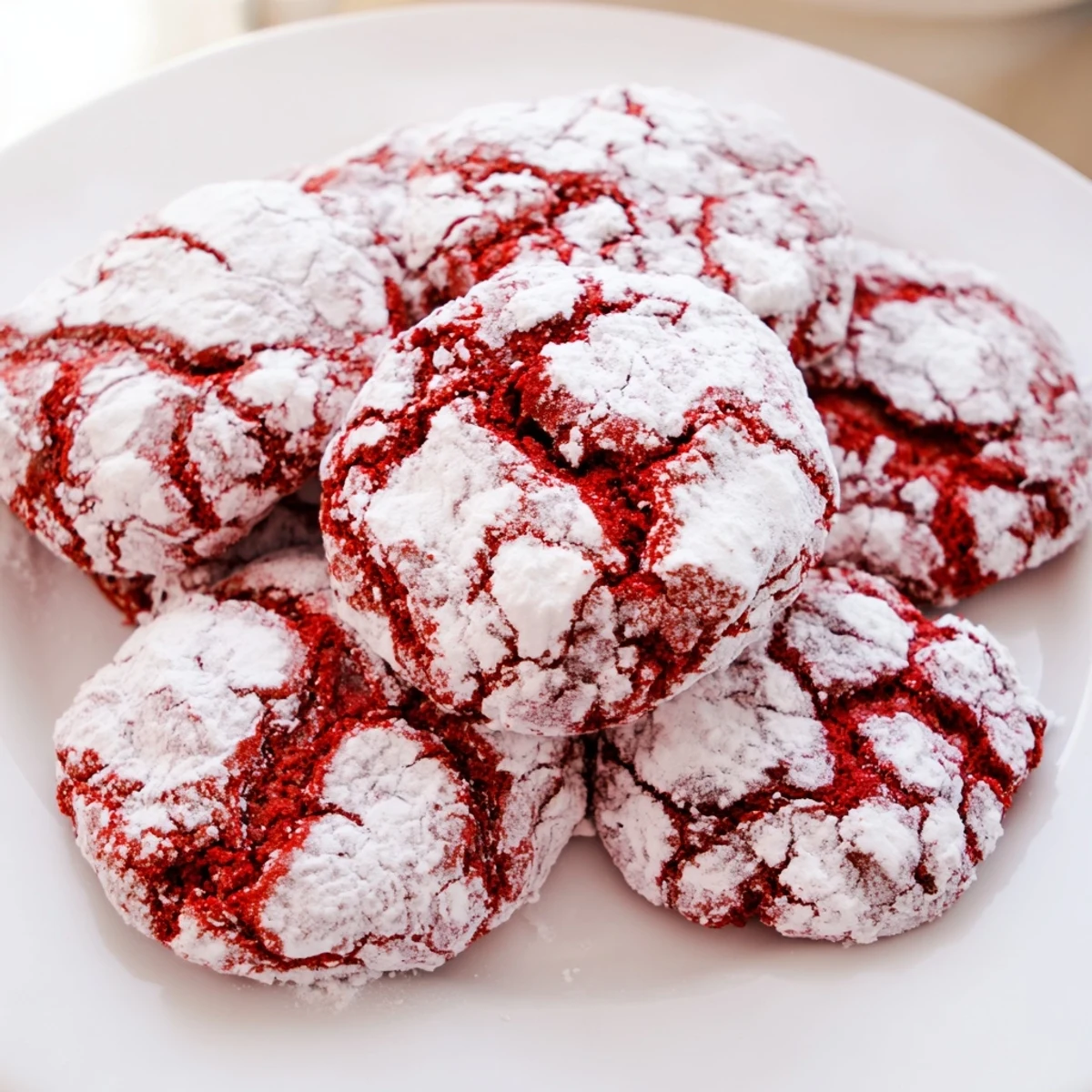 A batch of red velvet crinkle cookies dusted with powdered sugar rests on a cooling rack, showing a rich, crackled red interior.